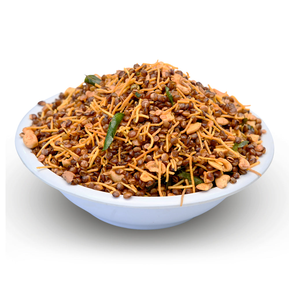 Crispy and savory Dal Mixture snack in a white bowl, handcrafted with premium lentils and spices by Athithi Gruha Foods.
